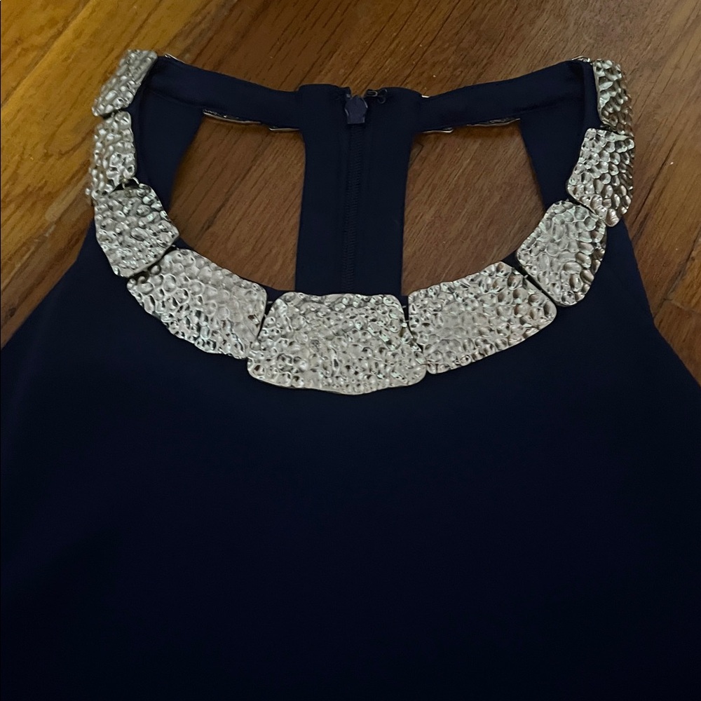 Navy Blue Halter Dress Size 12. Laundry-Shelli Segal. Gold metal neck accents
